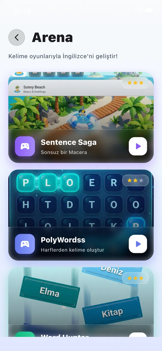 PolyMind kelime oyunları arena ekranı